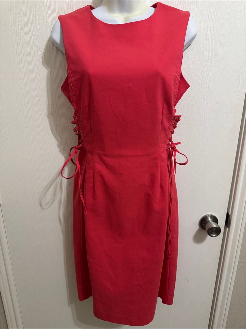 Calvin Klein Dress Lace Up Corset Sides Career Sleeveless Knee Length Coral Pink
